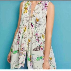 Anthropologie Nia white floral button down tunic top M